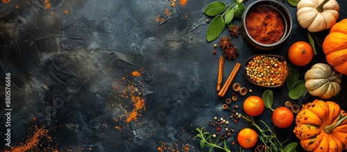 Fototapeta Naklejka Na Ścianę i Meble -  Top view of a kitchen table decorated for the pumpkin cooking season with various pumpkins herbs and spices creating a border around a copy space image