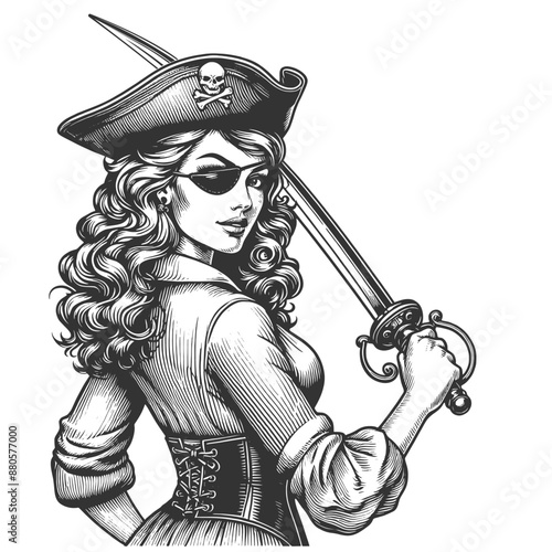 pirate woman wearing a hat with a skull, holding sword, and sporting an eye patch sketch engraving generative ai fictional character vector illustration. Scratch board imitation. Black and white image