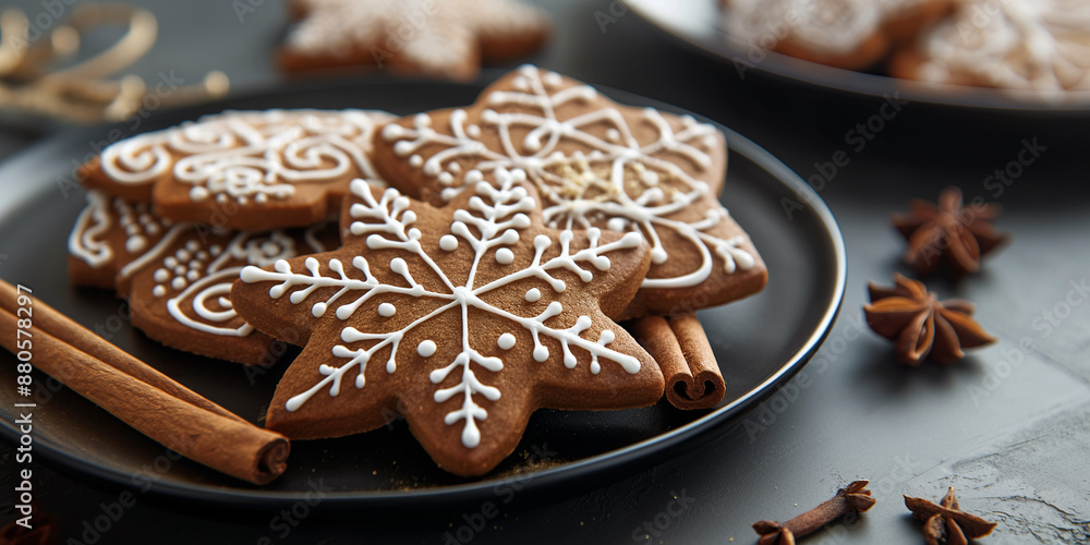 Artfully decorated gingerbread cookies on a matte black plate. Intricate icing designs. Styled with cinnamon sticks and star anise. Artfully decorated gingerbread cookies on a matte black plate. Intricate icing designs. Styled with cinnamon sticks and star anise.