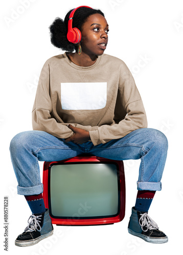 Photography Black woman sitting on a retro television transparent png
