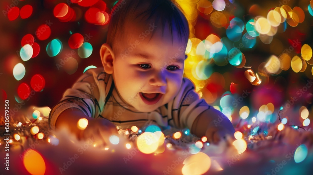 Baby boy happily playing with colorful christmas lights on a fluffy white rug, radiating innocence and wonder in a cozy holiday scene Baby boy happily playing with colorful christmas lights on a fluffy white rug, radiating innocence and wonder in a cozy holiday scene