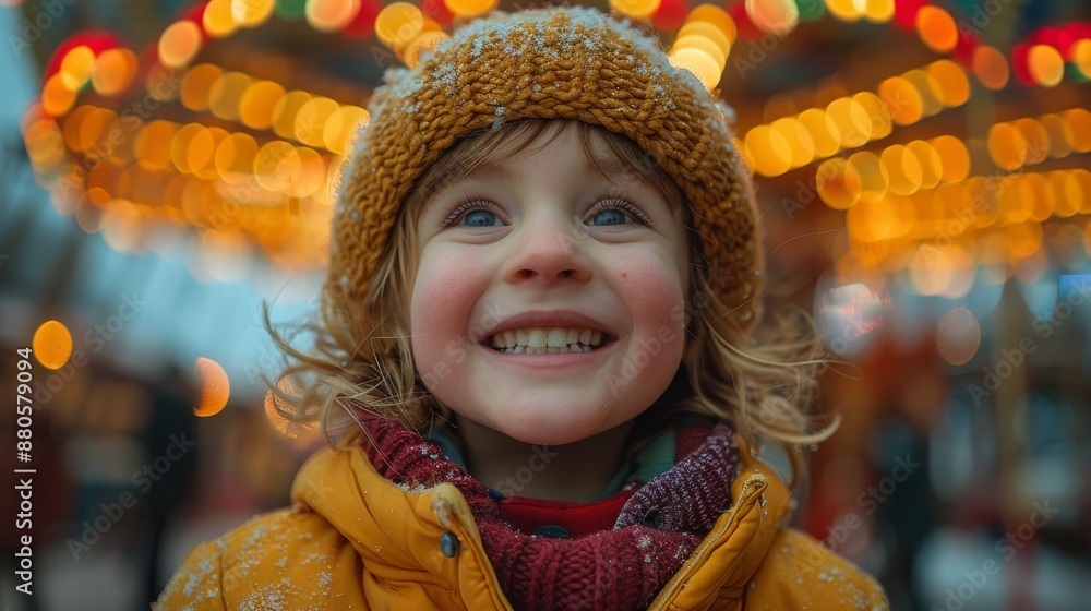 Child smiling at a christmas market, bundled up warmly in the snowfall. Colorful lights create a festive atmosphere, capturing the joy of family togetherness Child smiling at a christmas market, bundled up warmly in the snowfall. Colorful lights create a festive atmosphere, capturing the joy of family togetherness