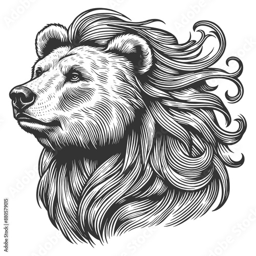 majestic bear with flowing female hair fur, capturing a noble and powerful presence sketch engraving generative ai vector illustration. Scratch board imitation. Black and white image. photo