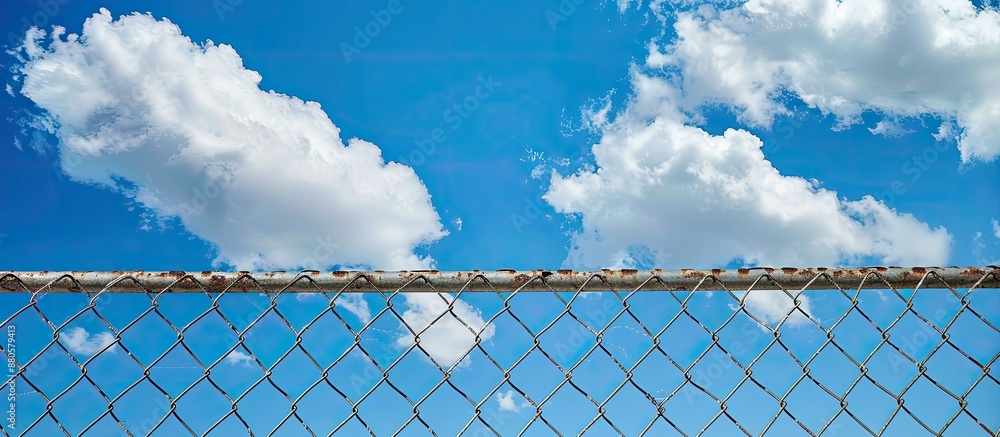 Metallic fence with a weathered wire mesh against a blue sky with clouds symbolizing freedom and breakthrough Copy space image is available Metallic fence with a weathered wire mesh against a blue sky with clouds symbolizing freedom and breakthrough Copy space image is available