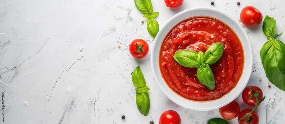 Top view of a white background with a bowl of tomato sauce cherry tomatoes and fresh green basil nearby leaving room for copy space image Top view of a white background with a bowl of tomato sauce cherry tomatoes and fresh green basil nearby leaving room for copy space image