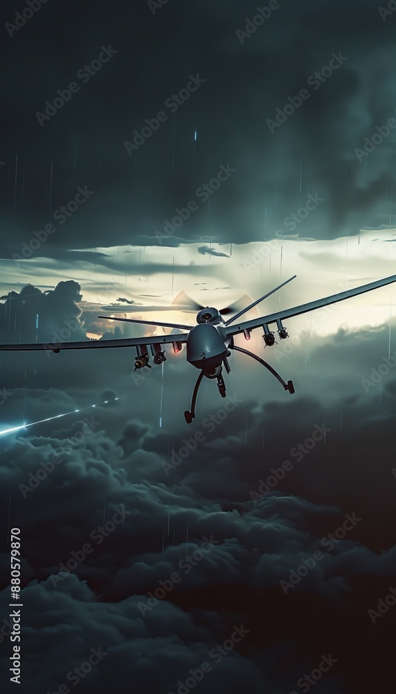 Fototapeta premium Military drone employing advanced neuron technology and radar system on tactical mission
