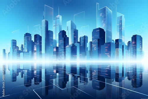 The graphic representation of modern skyscrapers in a futuristic financial district, with an architectural blue background, is suitable for corporate and business brochure templates.