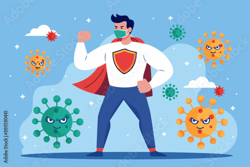 The immune system. A strong man fights viruses.