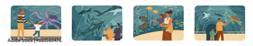Happy people visiting oceanarium or dolphinarium pool set