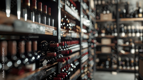 a rack full of wine bootles inside a store photo