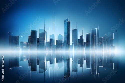 The graphic representation of modern skyscrapers in a futuristic financial district, with an architectural blue background, is suitable for corporate and business brochure templates. © Emongrapic