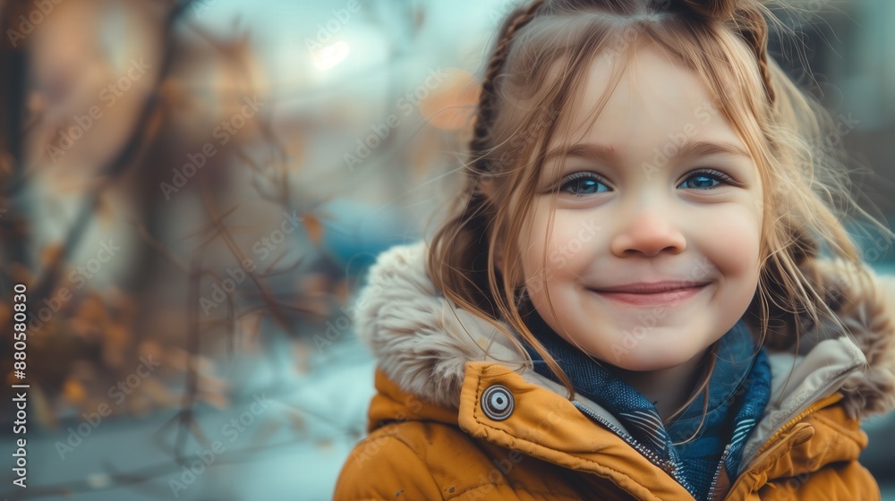 Portrait of happy little girl wearing orange winter jacket, close up shot blurred background Portrait of happy little girl wearing orange winter jacket, close up shot blurred background