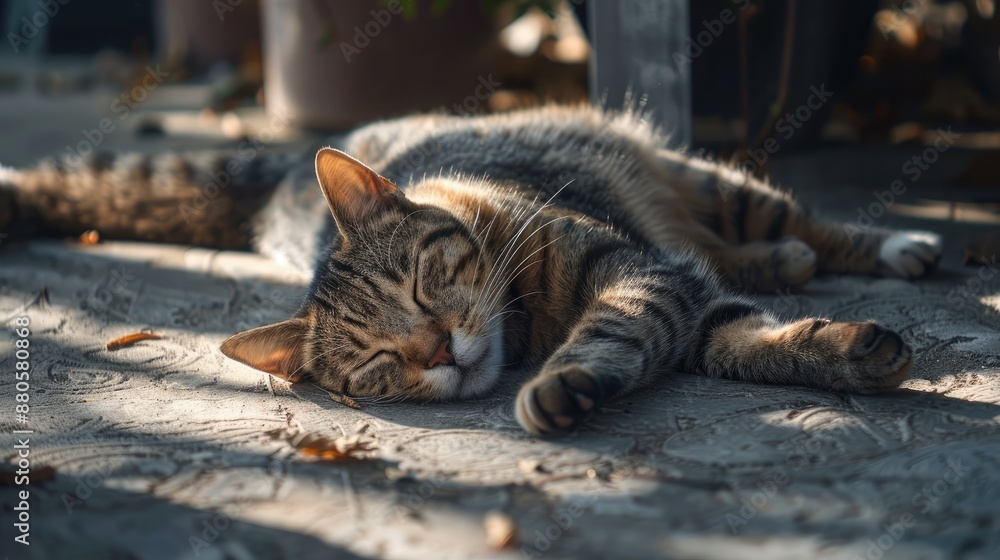 Naklejka premium The cat lounges in the sunlight on the ground