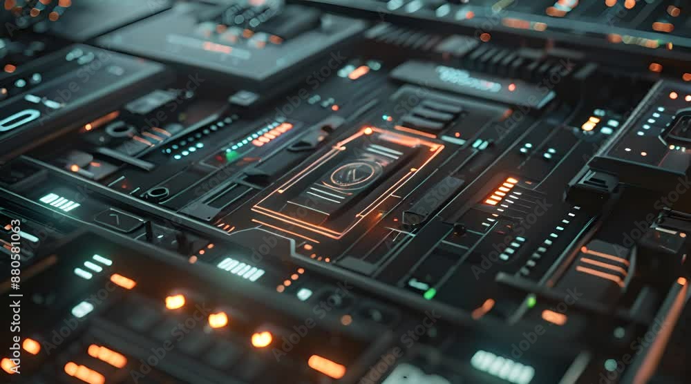 A close up of a computer chip with a lot of small lights on it. The lights are orange and blue A close up of a computer chip with a lot of small lights on it. The lights are orange and blue