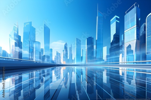 The graphic representation of modern skyscrapers in a futuristic financial district, with an architectural blue background, is suitable for corporate and business brochure templates. © Emongrapic