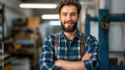 Young man with beard wearing blue flannel shirt suspenders standing in background of modern factory workshop arms crossed on his chest Caucasian male smiling at the camera
