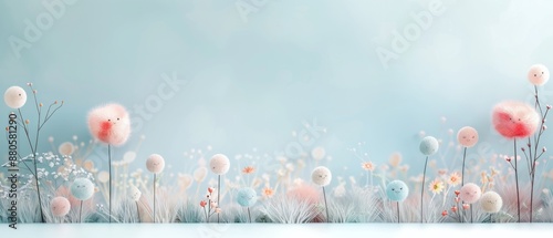 Whimsical floral meadow with pastel flowers and gentle mist. Dreamy and calm spring landscape with delicate blossoms and soft fog.