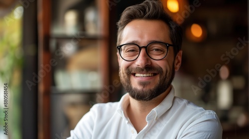 Smiling Caucasian businessman with glasses beard looking at the camera in restaurant wearing a white shirt working as owner or manager of his own cafe coffee shop