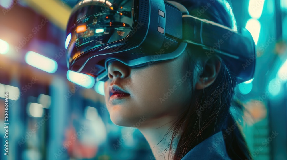 Young Asian woman wearing VR glasses in style of cyberpunk futuristic cityscape background neon lights reflecting on visor of her goggles close-up shot with shallow depth of field Young Asian woman wearing VR glasses in style of cyberpunk futuristic cityscape background neon lights reflecting on visor of her goggles close-up shot with shallow depth of field