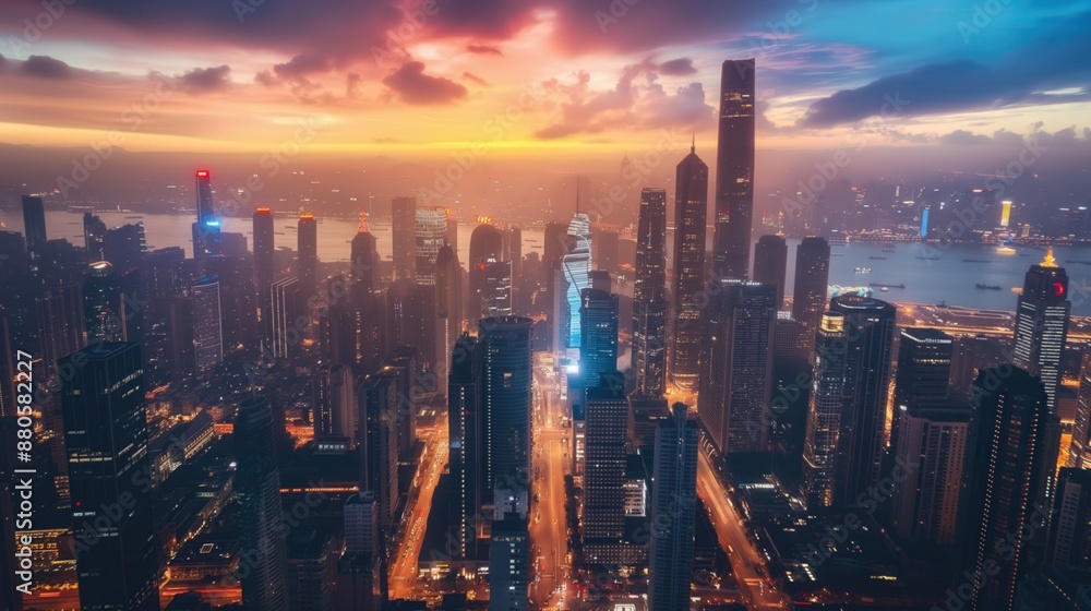Fototapeta premium Aerial view of city skyline at sunset with towering skyscrapers bustling streets below sky is painted in hues of orange blue as lights from buildings light up against backdrop of urban landscape