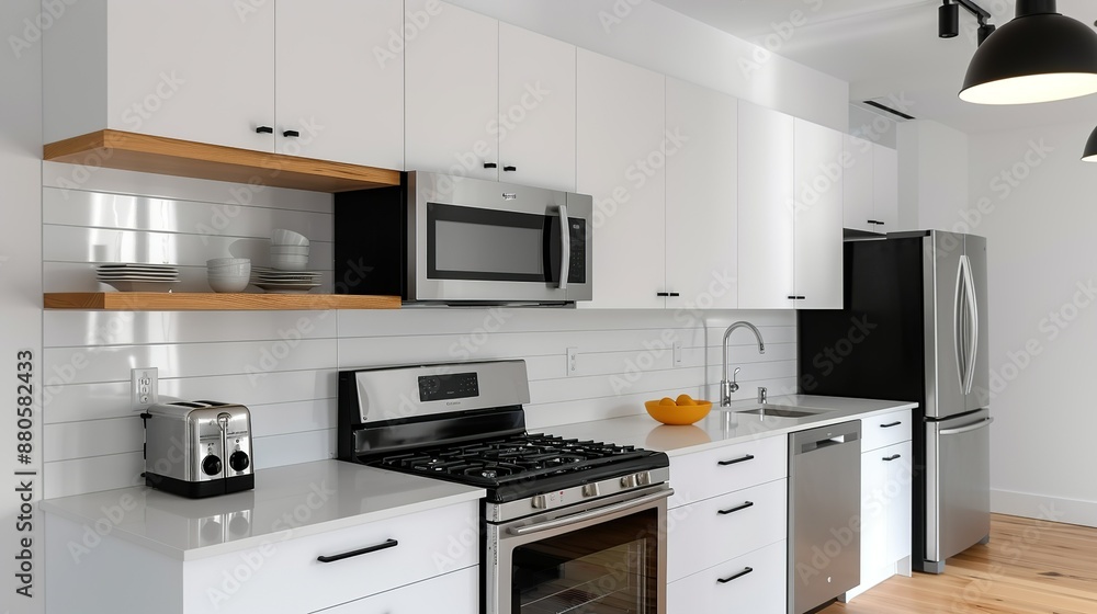A bright and airy kitchen with open shelving and sleek appliances creating a functional and aesthetically pleasing space for cooking and dining Illustration, Image, , Minimalism, A bright and airy kitchen with open shelving and sleek appliances creating a functional and aesthetically pleasing space for cooking and dining Illustration, Image, , Minimalism,