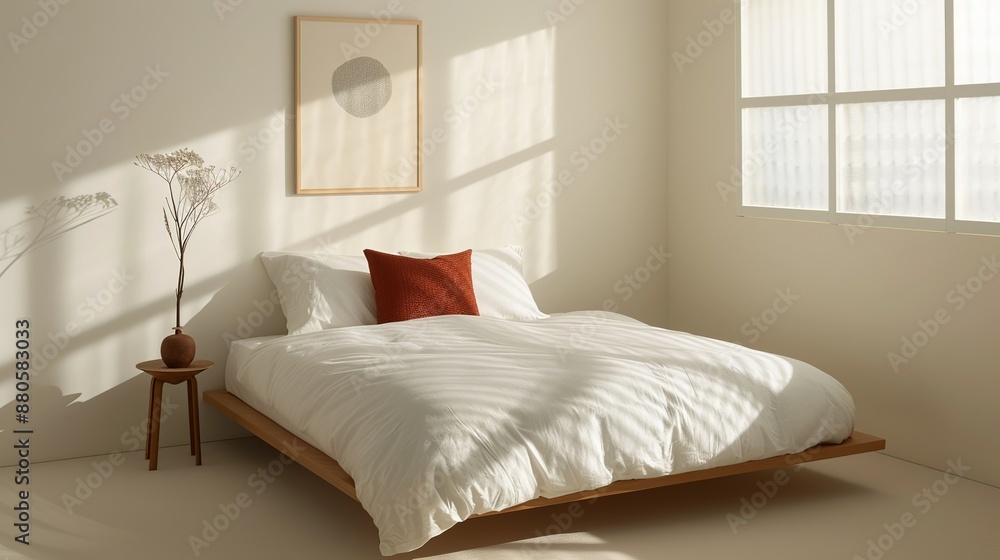 A cozy minimalist bedroom with a platform bed and simple decor creating a serene and uncluttered environment ideal for rest and relaxation Illustration, Image, , Minimalism, A cozy minimalist bedroom with a platform bed and simple decor creating a serene and uncluttered environment ideal for rest and relaxation Illustration, Image, , Minimalism,