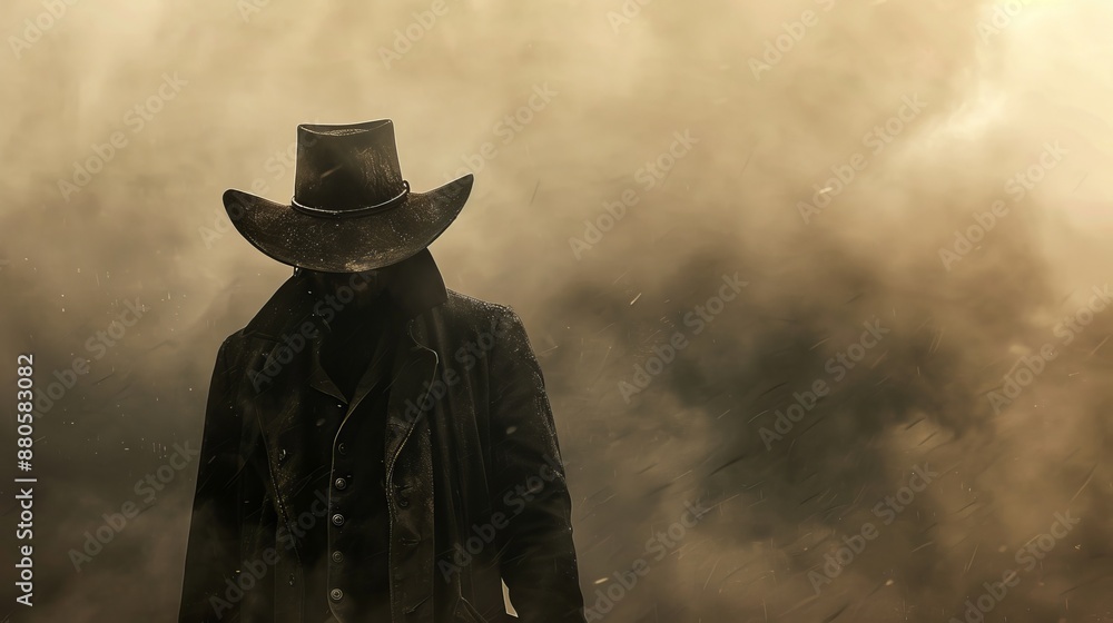 Lone cowboy stands in a swirling dust storm, embodying the rugged spirit of the american west Lone cowboy stands in a swirling dust storm, embodying the rugged spirit of the american west