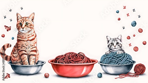 Adorable kittens playing with colorful yarn balls in bowls. Perfect for cute and playful themes. photo