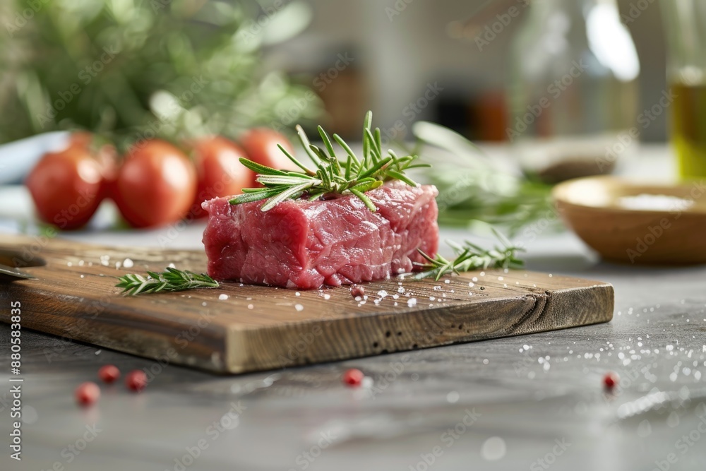 A piece of raw meat sits on top of a clean cutting board, ready for preparation A piece of raw meat sits on top of a clean cutting board, ready for preparation