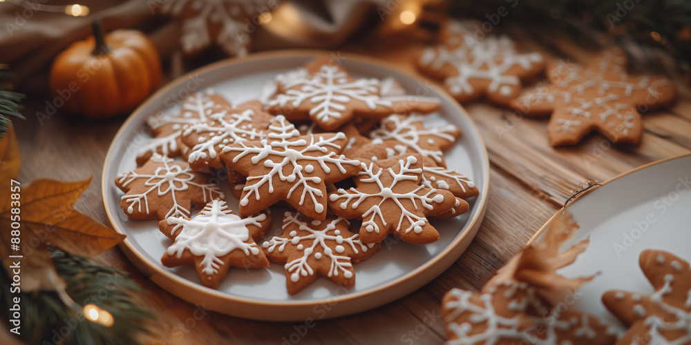 Fototapeta premium Gingerbread cookies photo with icing , closeup indoors cozy kitchen soft warm light natural tones , festive plate autumn-themed kitchen accessories brown and white hues