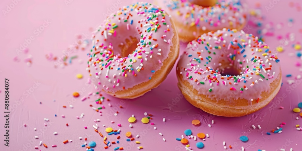 Colorful donuts with sprinkles on a bright pink surface Colorful donuts with sprinkles on a bright pink surface