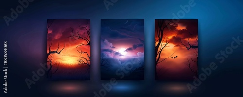 Vibrant triptych artwork with surreal landscapes depicting dreamy, colorful twilight and night scenes. Ideal for creative and artistic projects.