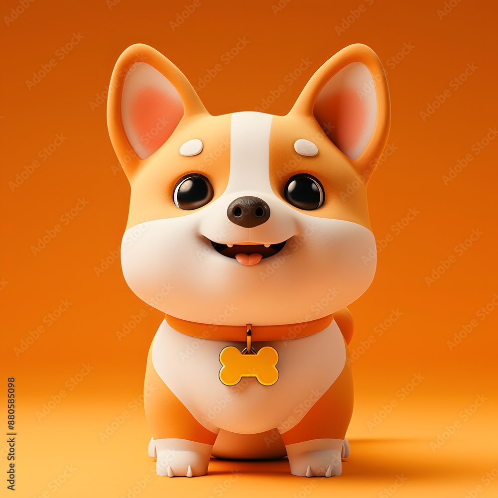 Cute cartoon Corgi with a bone-shaped collar on orange background, perfect for children's illustrations and playful designs. Cute cartoon Corgi with a bone-shaped collar on orange background, perfect for children's illustrations and playful designs.