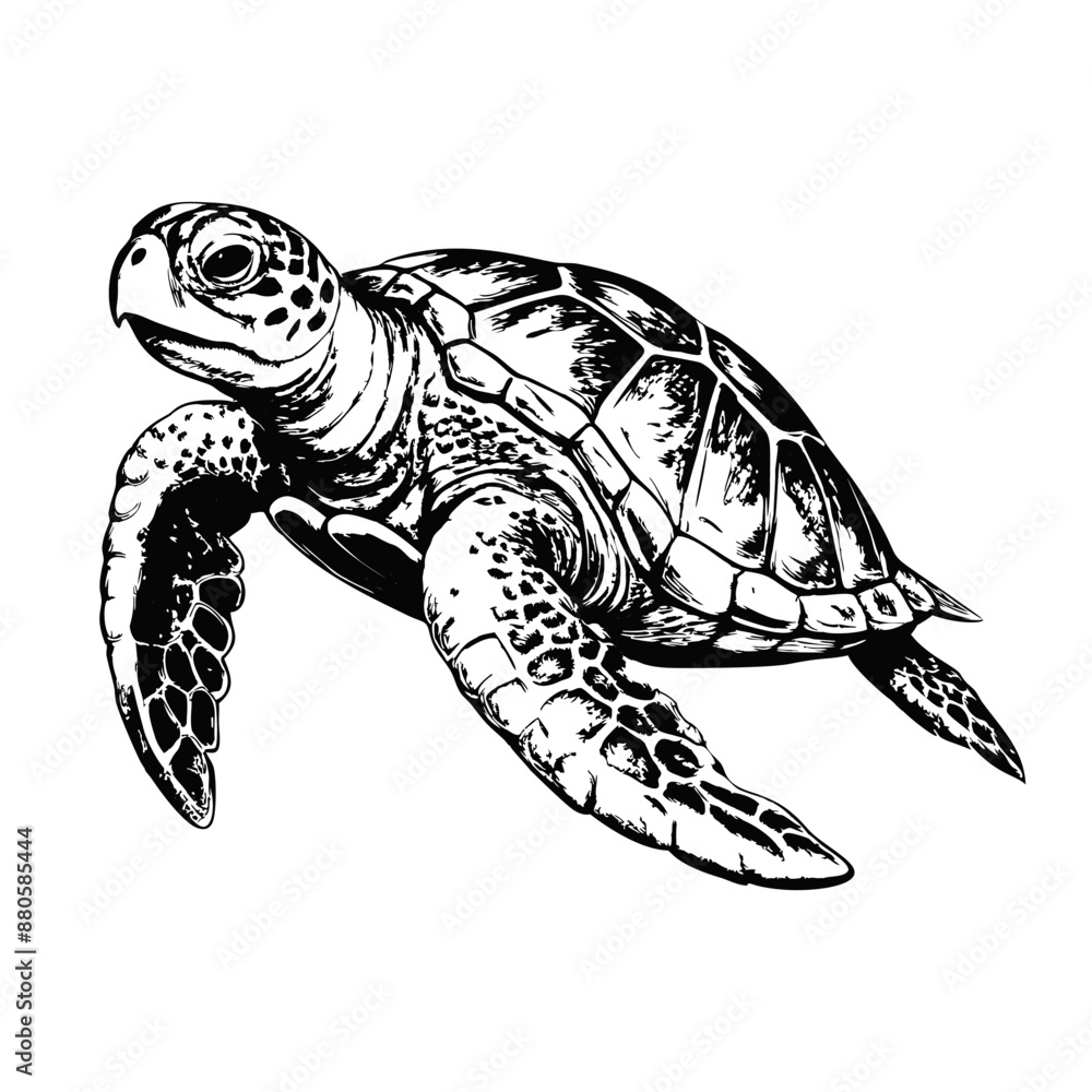 Sketch of a sea turtle swimming, side view, on a white background Sketch of a sea turtle swimming, side view, on a white background