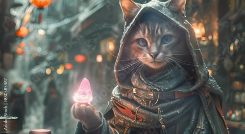 A majestic cat dressed in a hooded robe, holding a glowing crystal in a mystical marketplace. Fantasy and magic theme.