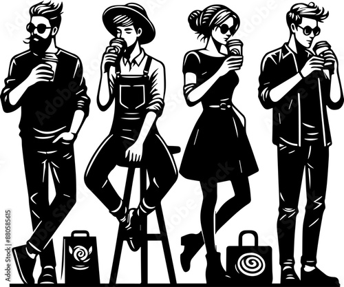 silhouettes of guys and girls drinking coffee in a coffee shop for coffee shop design