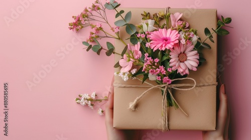 Pink Flowers Bouquet Wrapped in Brown Paper © baharohi