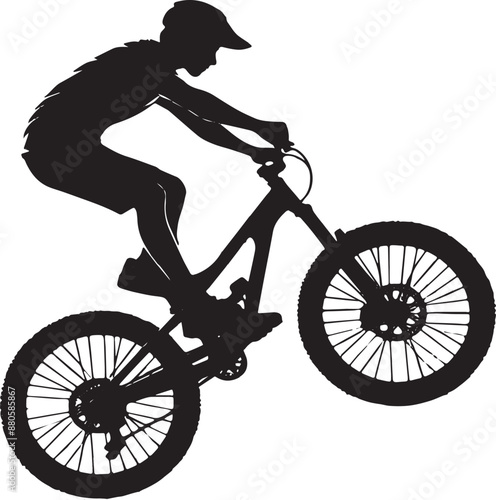 Abstract silhouette of a rider, man is doing a trick, isolated on a white background. Mountain cycling sport transport. Vector illustration