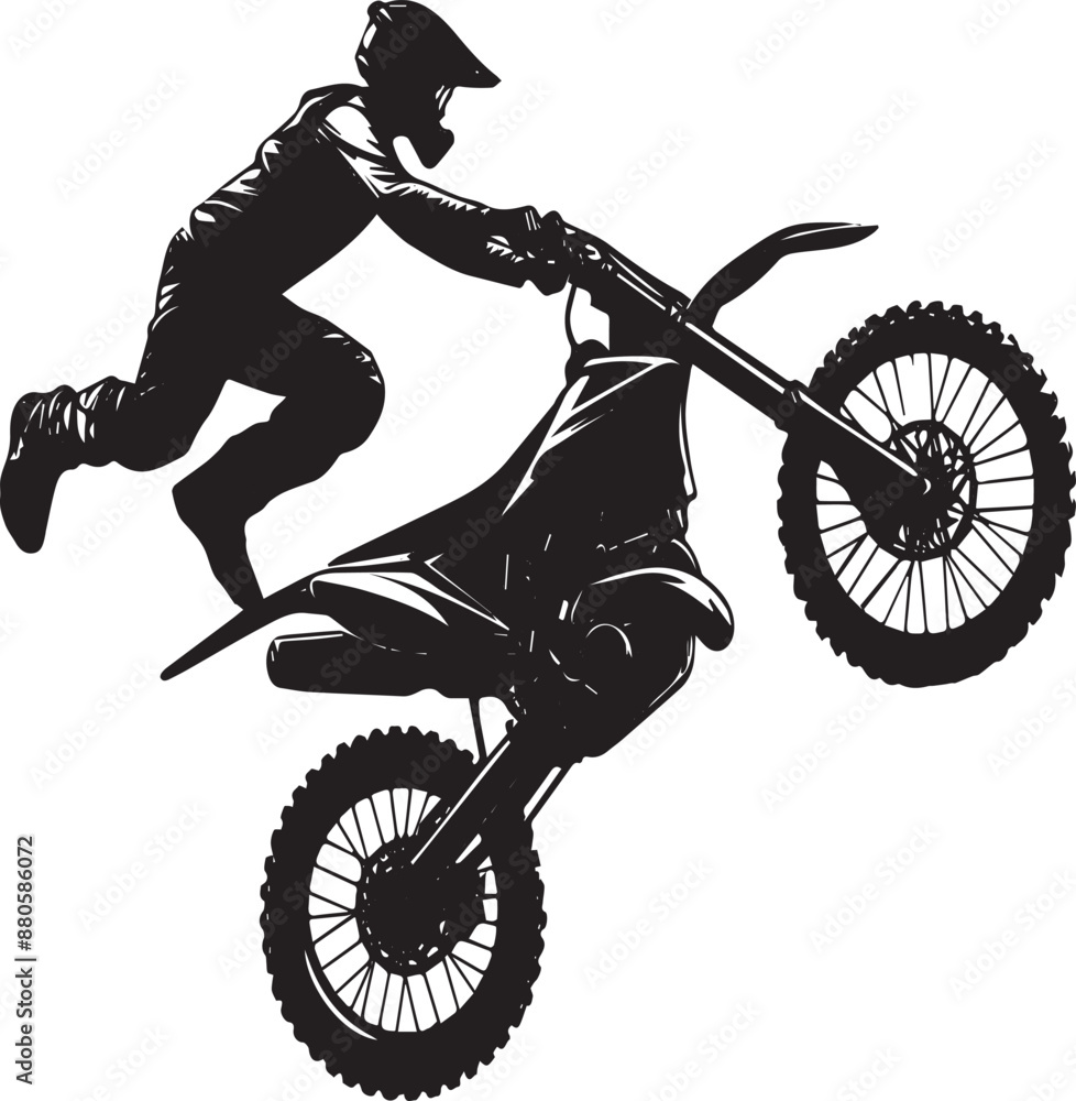 Naklejka premium Realistic silhouette of a motocross rider, man is doing a trick, isolated on white background. Enduro motorbike sport transport. Vector illustration