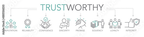 Trustworthy, reputation, reliance and mutual trust - thin line two-tone icon concept vector illustration