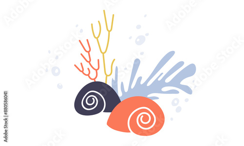 Cartoon coral and mollusks or clams. Sea life, underwater. Doodle hand drawn illustration. Vector