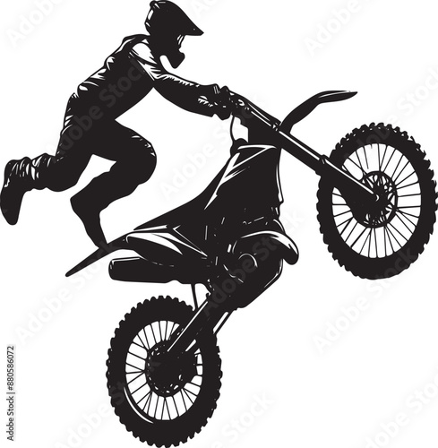 Realistic silhouette of a motocross rider, man is doing a trick, isolated on white background. Enduro motorbike sport transport. Vector illustration