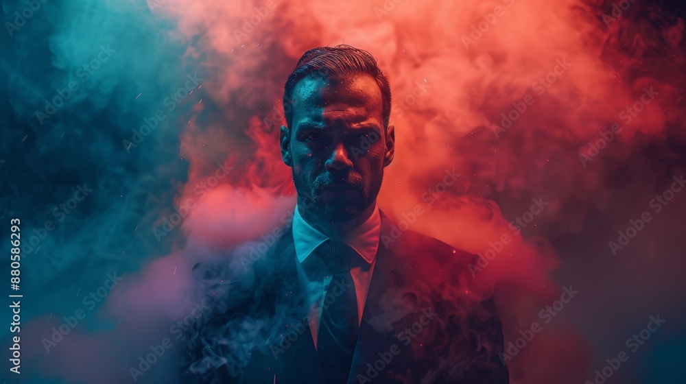 Handsome man in Suite and Tie being Sprayed by Mist,Dark Red and Teal Blue Tones