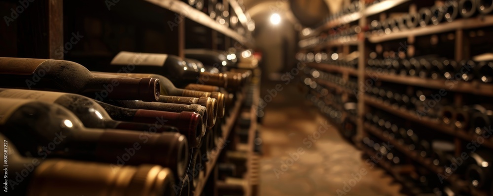 Naklejka premium Aging wine bottles in dim cellar evoke luxury and history