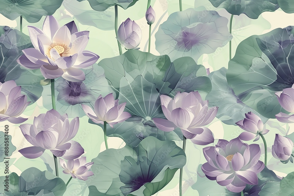 Serene Water Garden, Lavender and Mint Green Lotus, Seamless Pattern with Flowers and Leaves. Hand Drawn Background. Floral Pattern for Wallpaper, Fabric, Textile, Fashion, Print Serene Water Garden, Lavender and Mint Green Lotus, Seamless Pattern with Flowers and Leaves. Hand Drawn Background. Floral Pattern for Wallpaper, Fabric, Textile, Fashion, Print