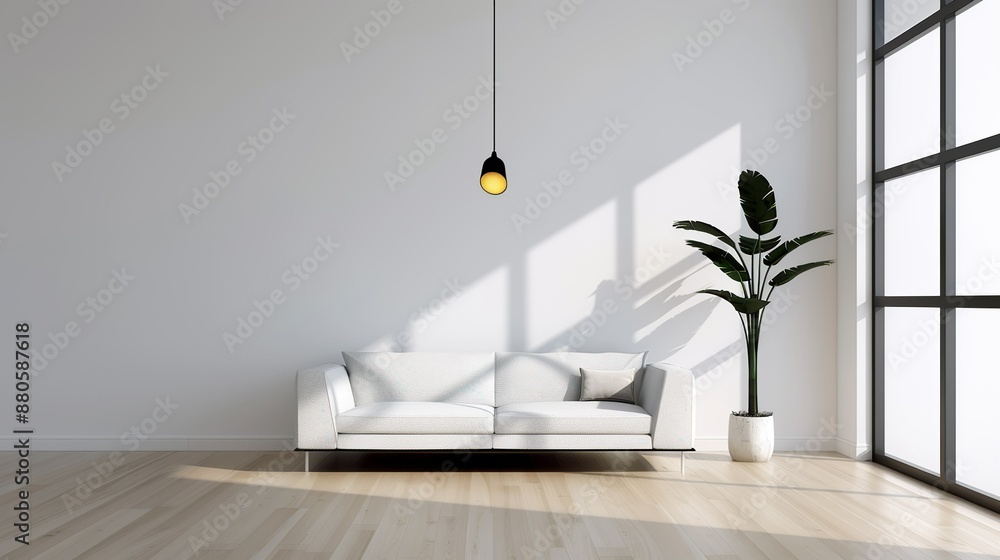 Fototapeta premium A modern living room with a minimalist sofa and a large window providing an abundance of natural light and a sense of openness Illustration, Image, , Minimalism,