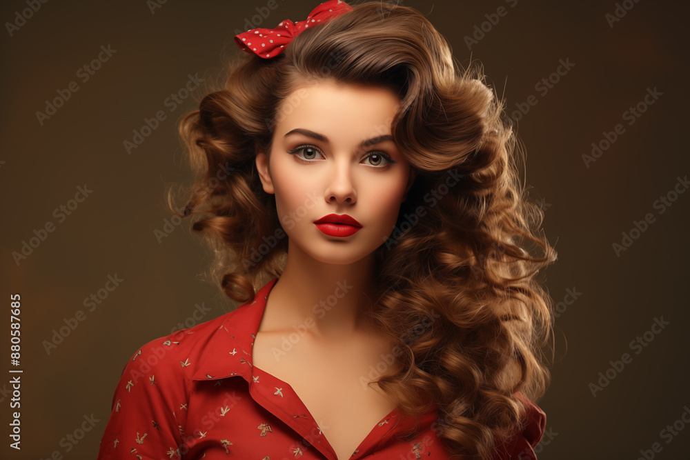 Fototapeta premium Attractive brunette woman in red in pin-up style. Looks into the camera. With space for text. Vintage styling. Ideal for advertising posters. Generative AI