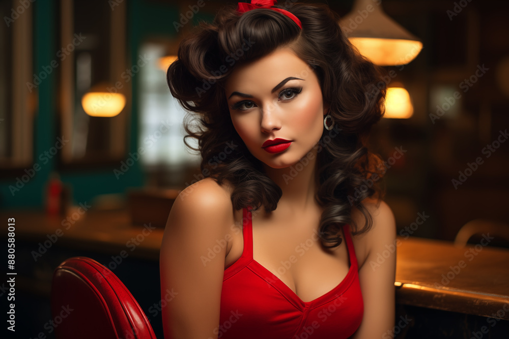 Attractive brunette woman in red in pin-up style. Looks into the camera. With space for text. Vintage styling. Ideal for advertising posters. Generative AI Attractive brunette woman in red in pin-up style. Looks into the camera. With space for text. Vintage styling. Ideal for advertising posters. Generative AI
