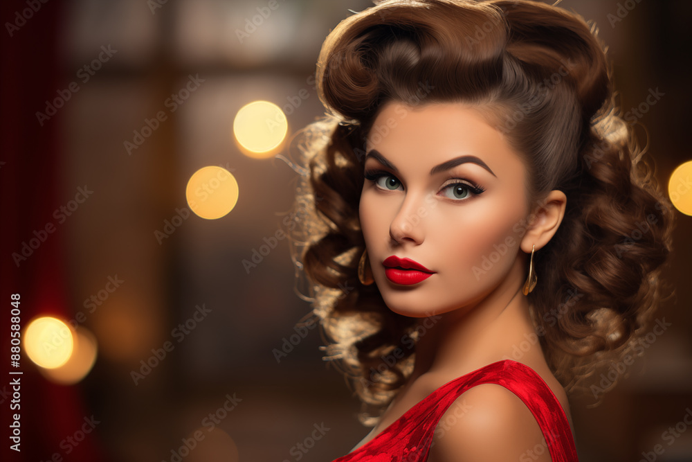 Attractive brunette woman in red in pin-up style. Looks into the camera. With space for text. Vintage styling. Ideal for advertising posters. Generative AI Attractive brunette woman in red in pin-up style. Looks into the camera. With space for text. Vintage styling. Ideal for advertising posters. Generative AI