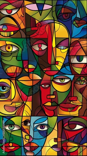 Abstract painting made of geometric shapes representing a multitude of different human faces, showing the concept of multiculturalism, diversity and tolerance © Viktoriia